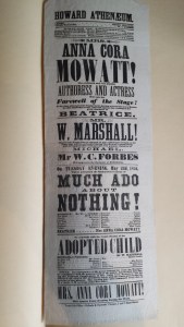 Playbill for May 23, 1854 performance of Anna Cora Mowatt at the Howard Athenaeum, during her farewell tour. Courtesy of the Massachusetts Historical Society.